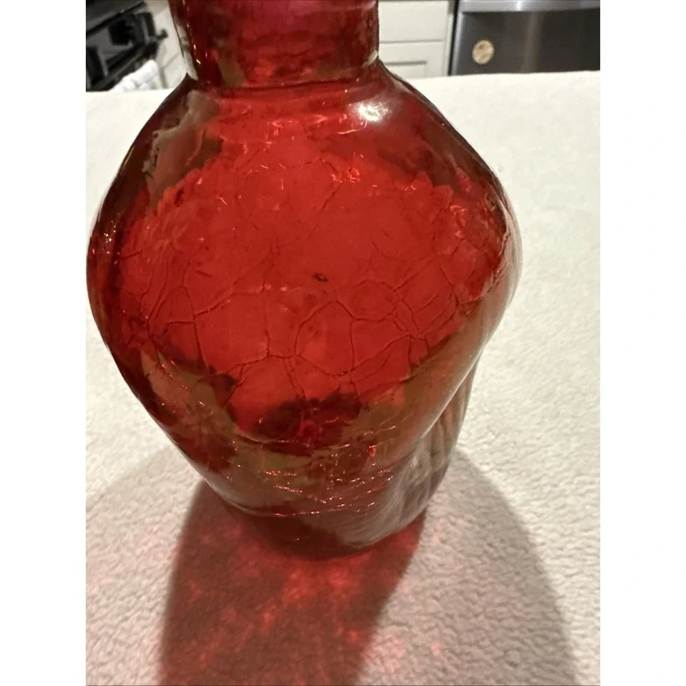 Vintage Blenko Red Rose Color Crackle Glass Pinched Decanter Mid Century‎
